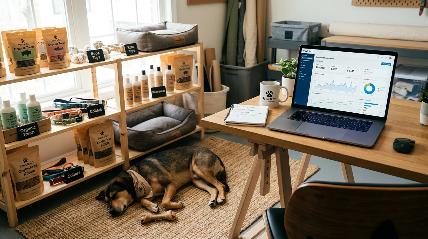A small pet brand workspace with shelves of dog and cat products, a laptop screen showing a CMS and analytics dashboard, and a calm mixed-breed dog ly