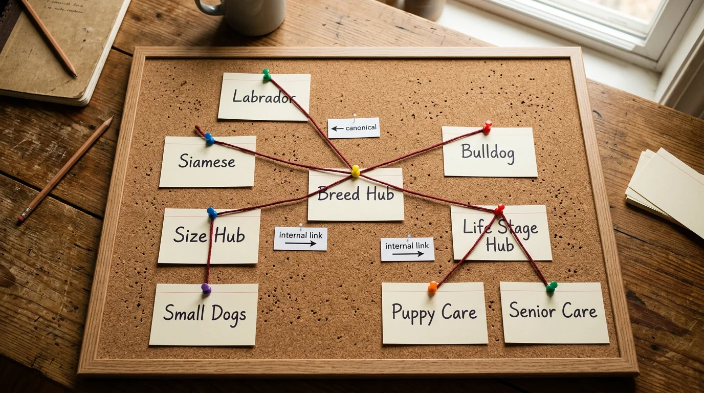 Top-down photograph of a corkboard on a worktable with index cards connected by red string: central card 'Breed Hub' linked to 'Labrador', 'Siamese',