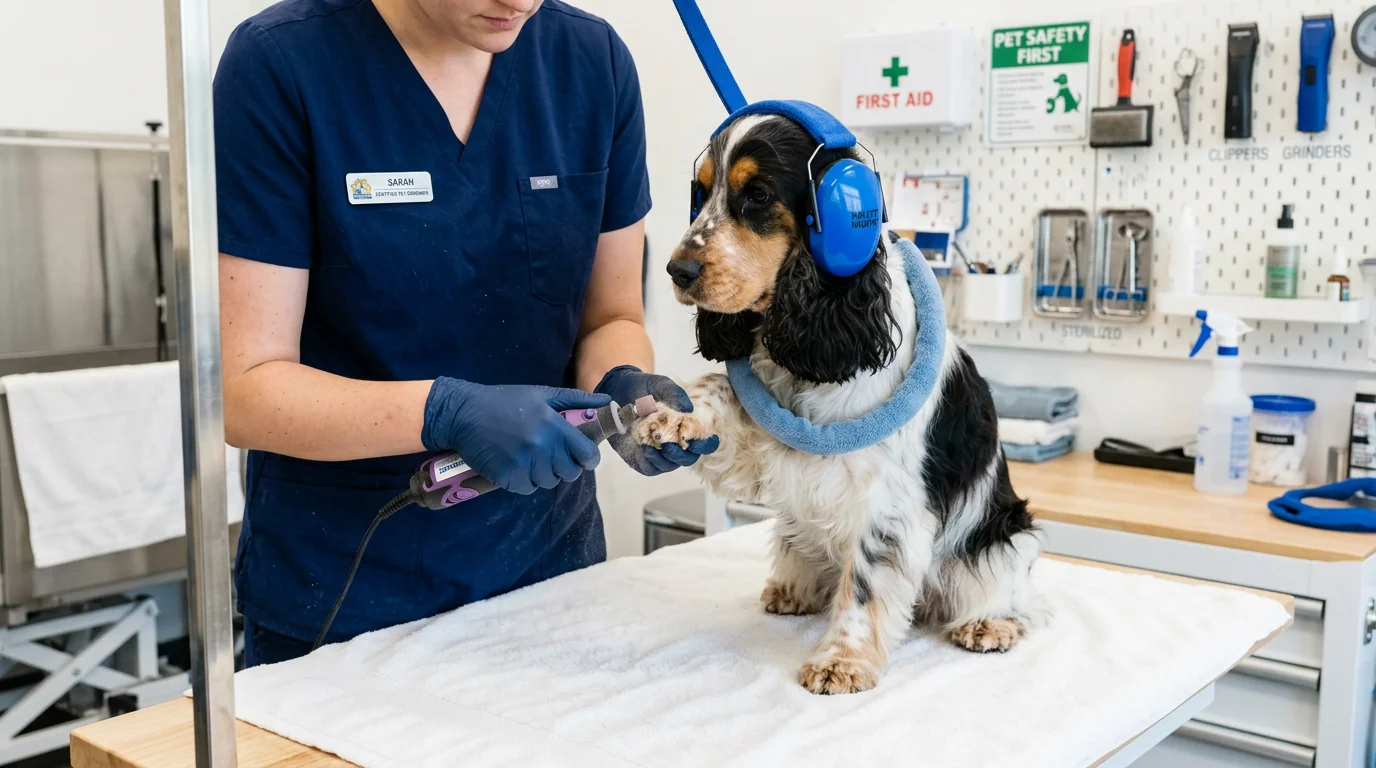 A professional pet groomer gently using a nail grinder on a medium-sized dog's paw, with a soft towel restraint and the dog wearing ear protection; gr