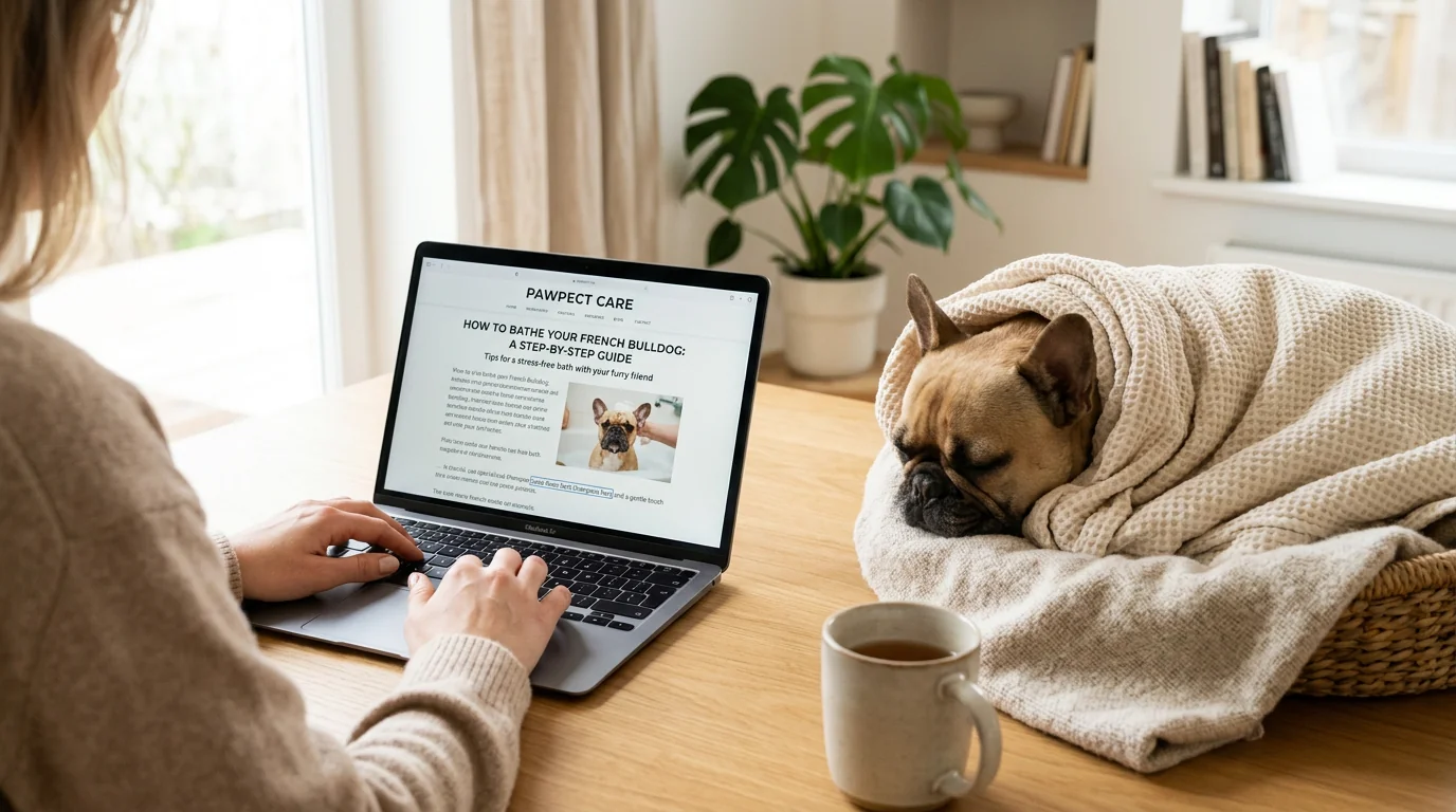 Hands using a laptop to read a pet care blog article about bathing a French Bulldog; a subtle inline text link visible on the screen; a towel-wrapped