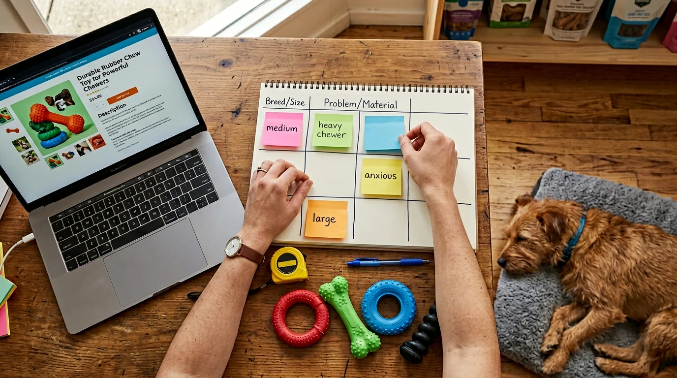Overhead shot of a pet store desk: a laptop open to a product page mock-up titled 'Durable Rubber Chew Toy for Powerful Chewers', beside a hand-drawn