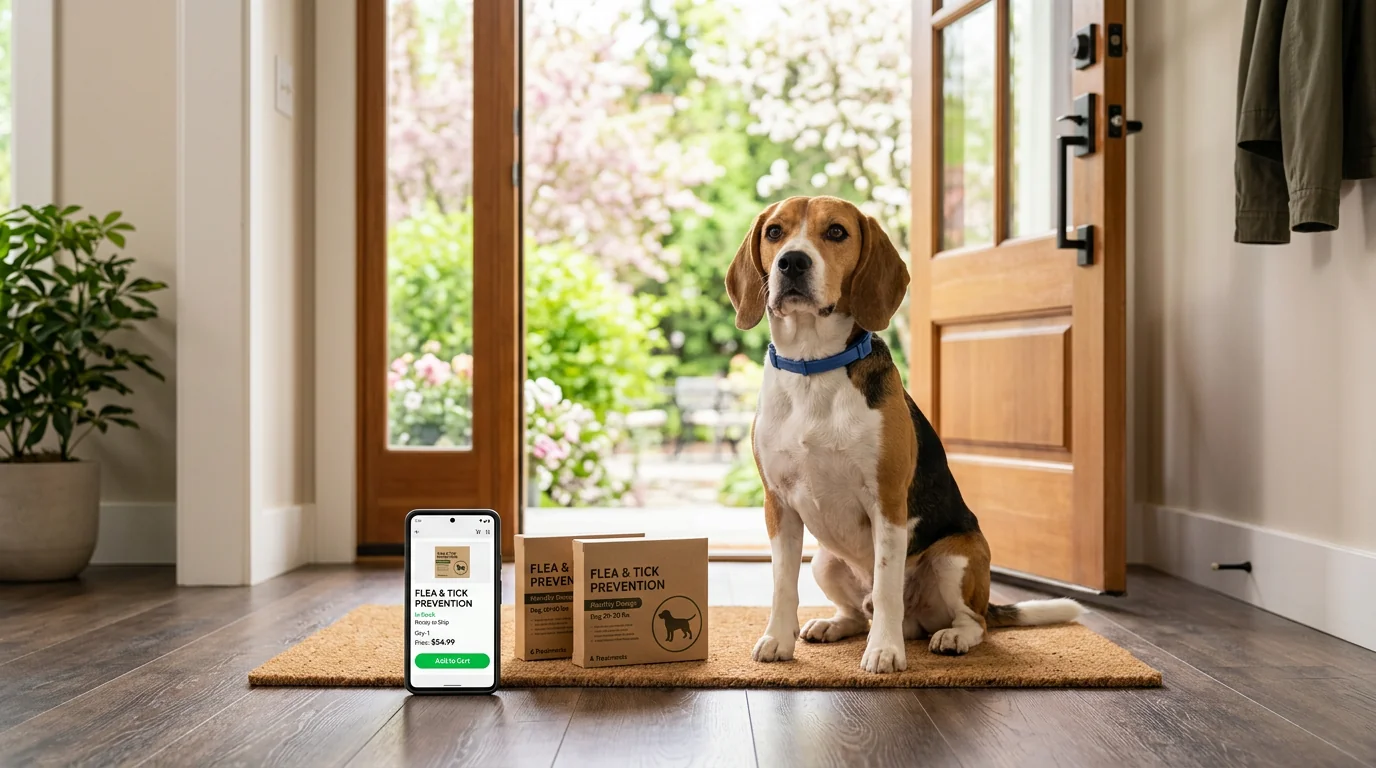 A beagle wearing a flea-and-tick collar sits by a front door next to unbranded flea/tick preventative boxes; a smartphone on the floor displays an in-