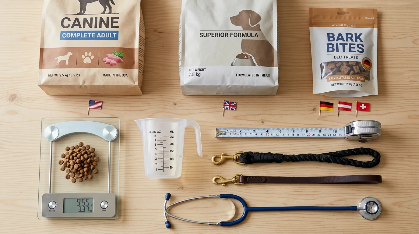 Overhead flat lay on a light wood desk showing three generic pet product packages (dog food bags and a treat pouch) arranged to represent US, UK, and