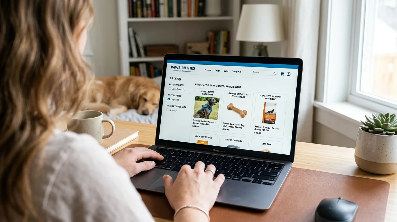Over-shoulder view of a workspace with a laptop showing a pet eCommerce catalog page. Visible UI filters for breed, size, and life stage are applied (