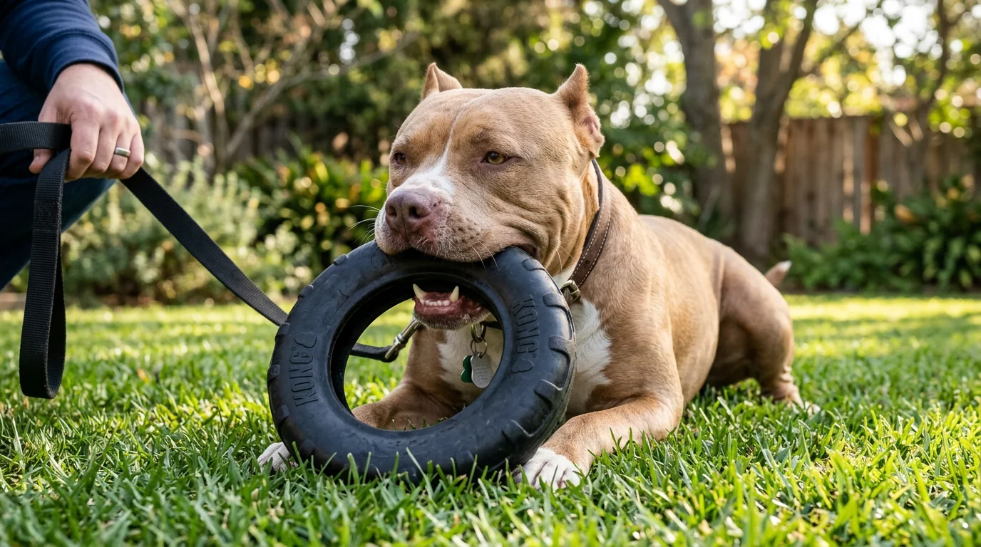 A muscular adult pit bull terrier chewing a large, black rubber ring toy sized for power chewers in a sunlit backyard; the toy’s thick diameter and in