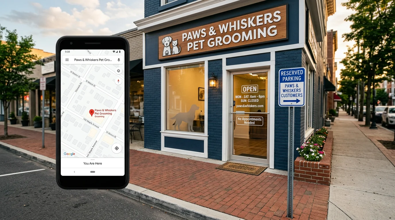 Exterior of a neighborhood pet grooming shop with clear signage and posted hours on the door, a reserved parking sign visible, and a smartphone in the