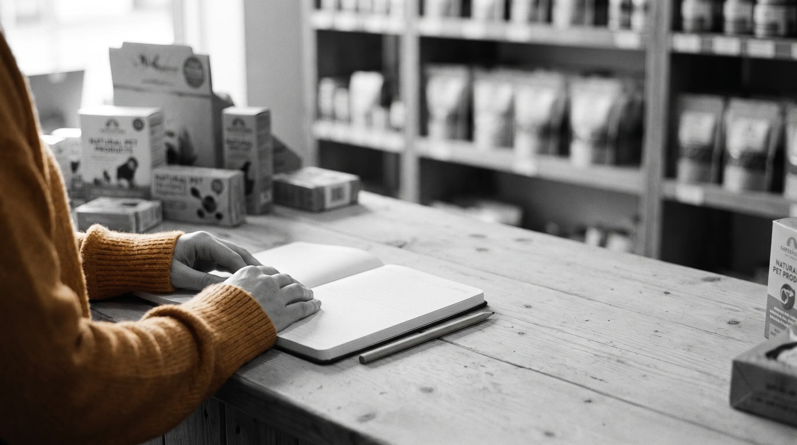 A retailer's hands laying out a blank planner on a shop counter, beginning their first three-month seasonal keyword calendar.